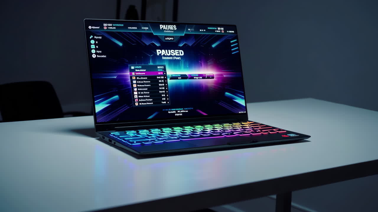 Gaming Laptop with RGB Keyboard Paused Game Screen