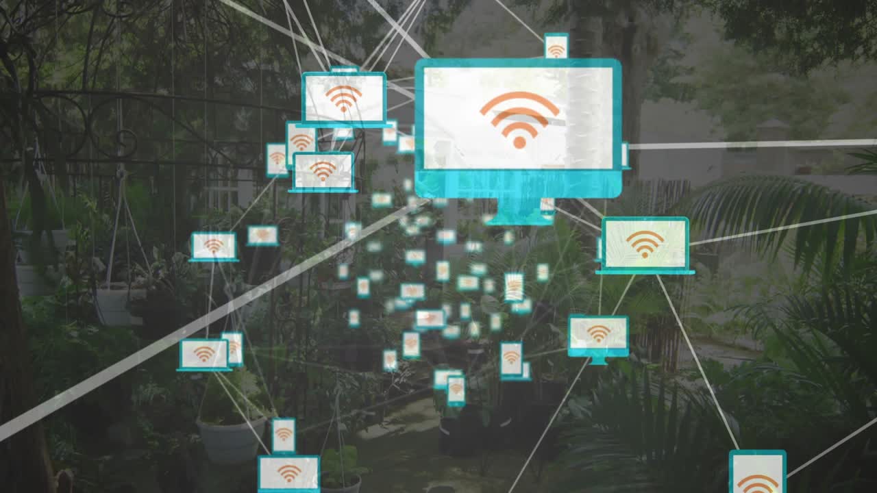Wi-Fi squares appearing in garden, forming pulsing node cluster and linking devices into mesh