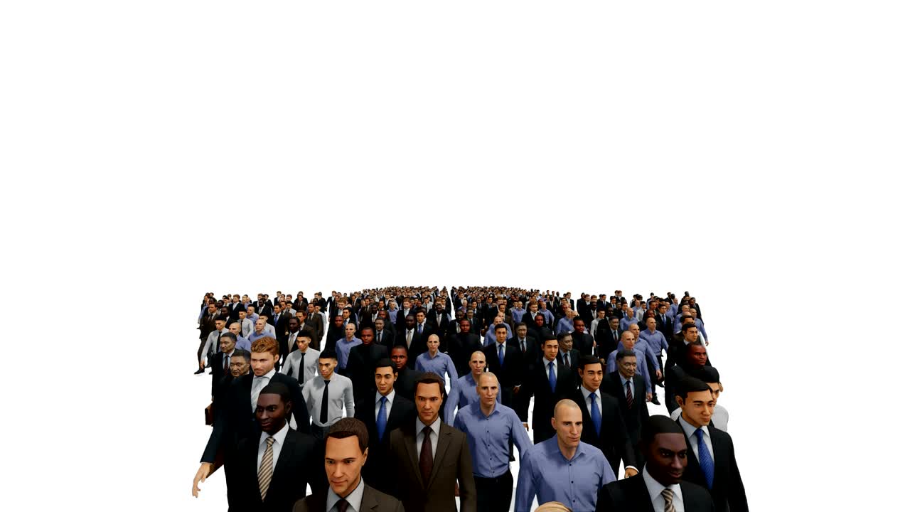 Businessmen with a businesswoman in front forming arrow shape pointing up, 4K against white