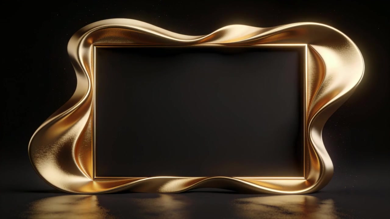 Cornice dorata animata, pannello nero opaco su un set scuro, goccioline che formano sfere, si crepano e mostrano lucentezza.