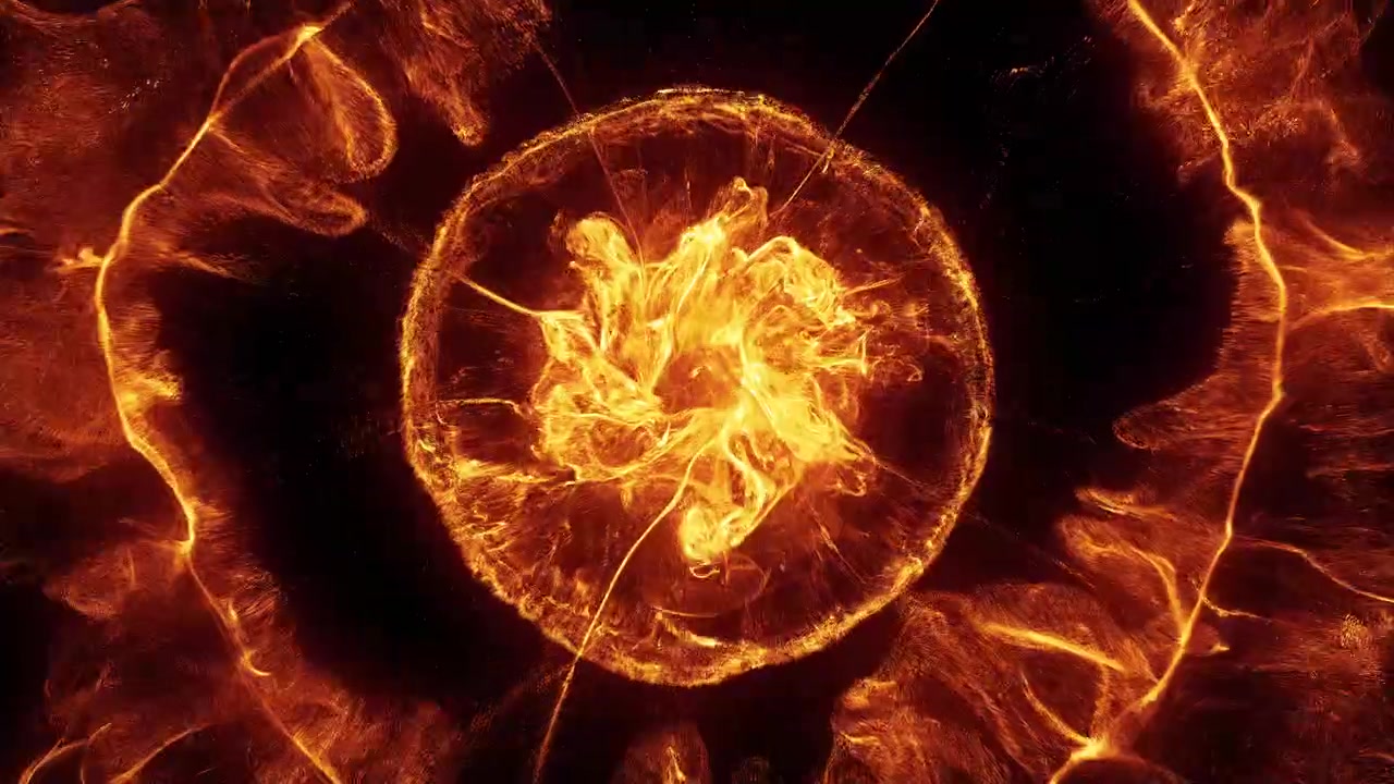 Sfera di energia infuocata astratta che si espande e si dissolve nell'oscurità