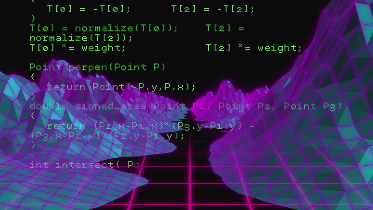 анимация компьютерного языка над 3d-моделью гор на черном фоне.