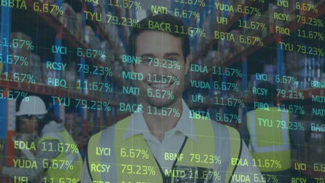 animation of financial data processing over man working in warehouse