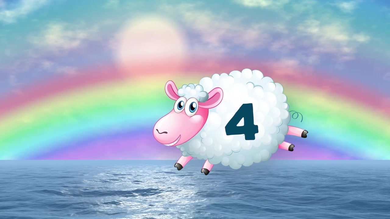 Animated fluffy sheep with number four floats across a rainbow sky over calm blue water.