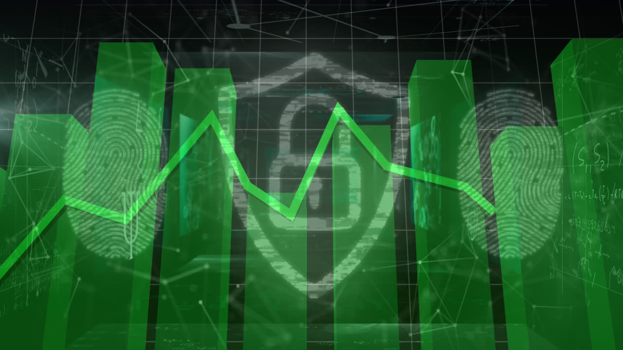 보안 잠금 아이콘과 지문 생체 인식 스캐너가 통계 데이터 처리에 대항합니다.