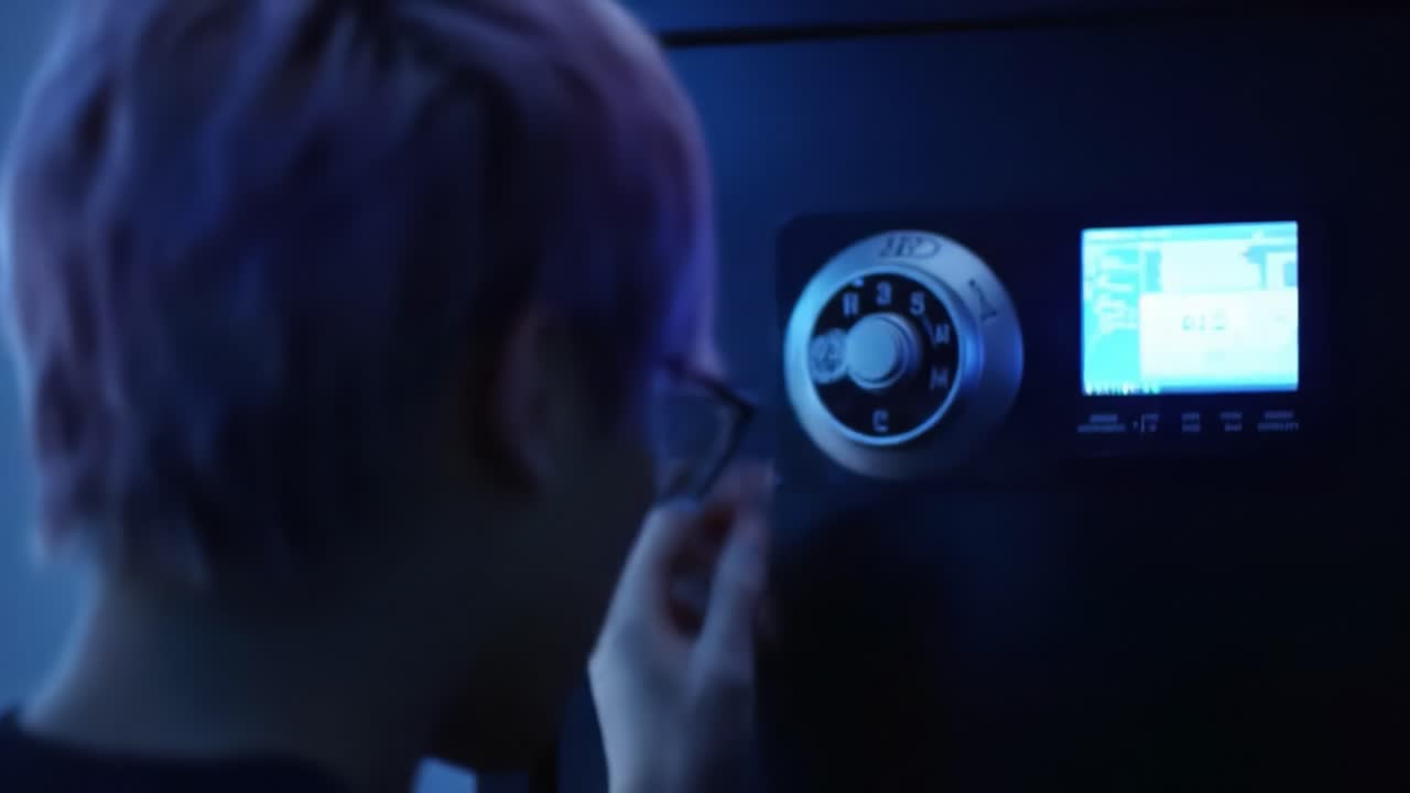 An Intense Moment of Concentration: A Young Individual Engaged in Unlocking a Secure Safe in a High-Tech Environment with Monitors Glowing in the Background