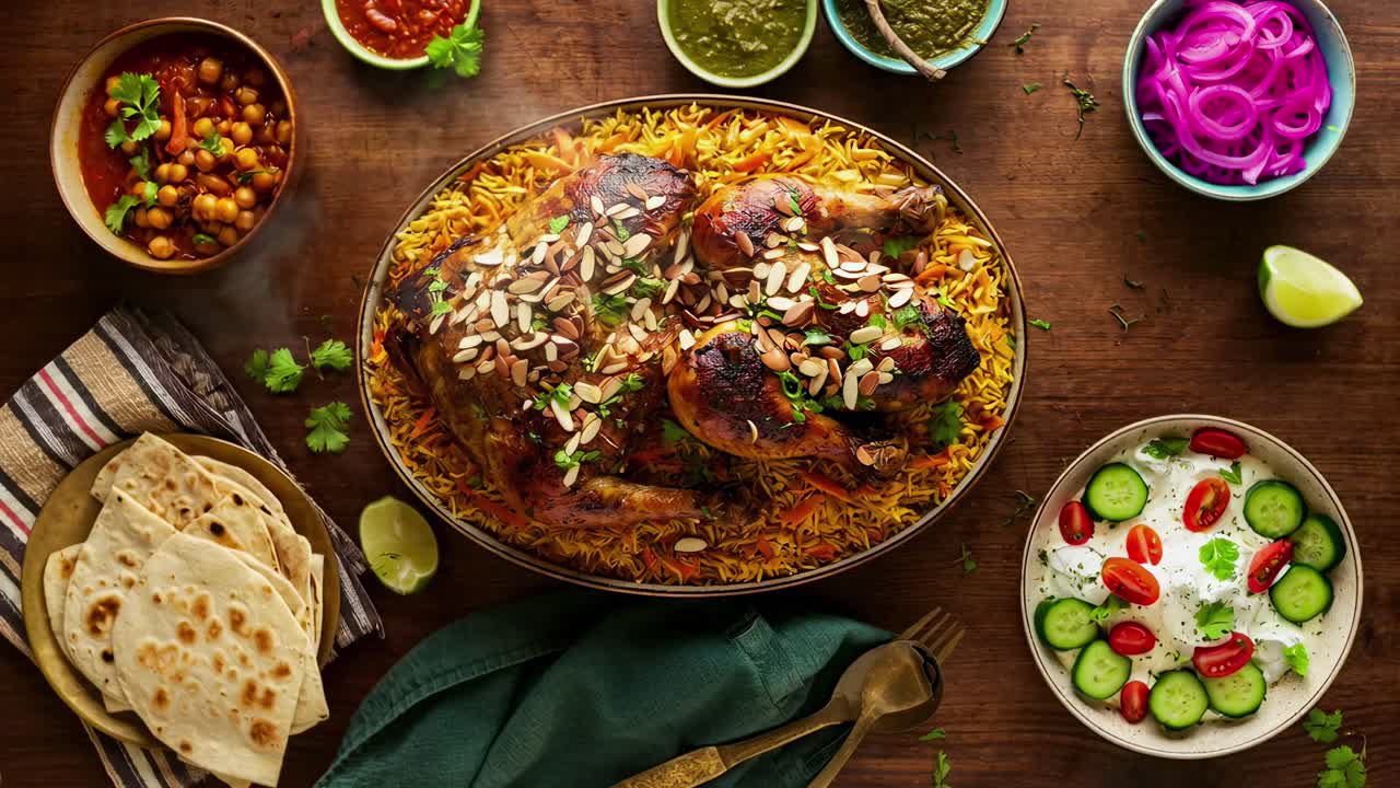 Toma cenital en vídeo de un vibrante festín de Oriente Medio con arroz, pollo y acompañamientos