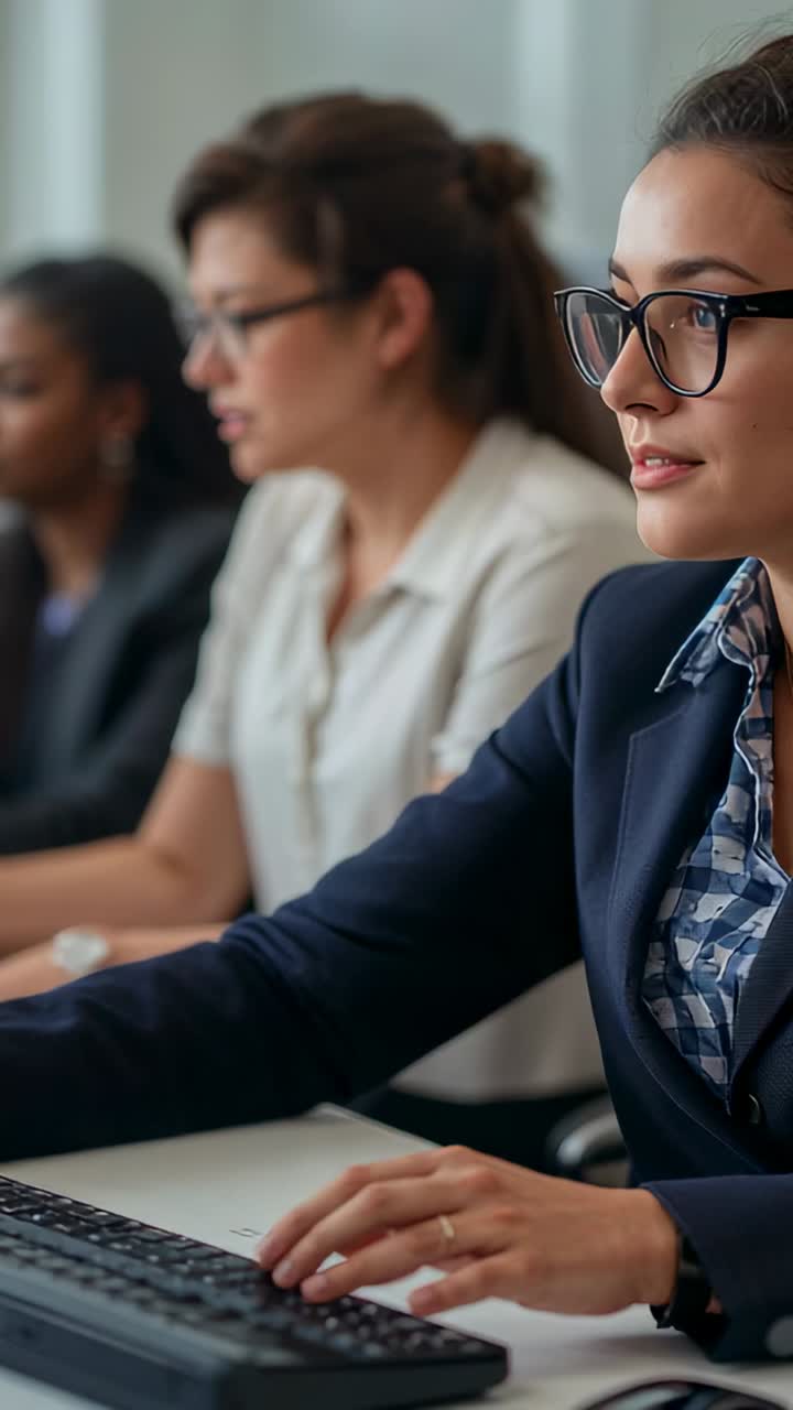 Vertical video: Placing hands on keys woman in blazer, glasses typing at desks training, copy space