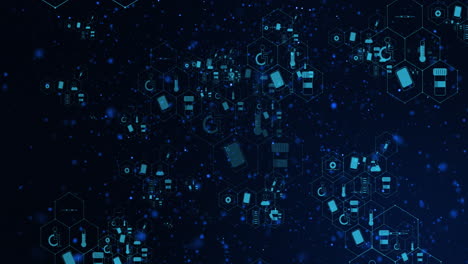 animación de iconos médicos y procesamiento de datos sobre fondo negro