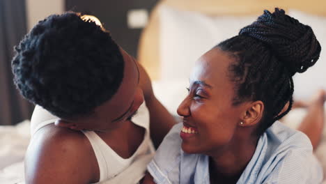 Hug,-forehead-kiss-and-a-black-couple-on-a-bed