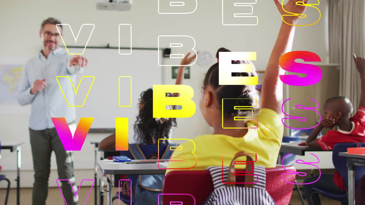 Animation of vibes text over caucasian teacher with diverse schoolchildren raising hands