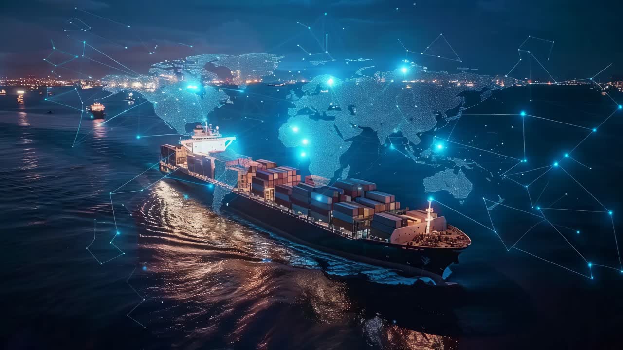 Global Container Ship at Night