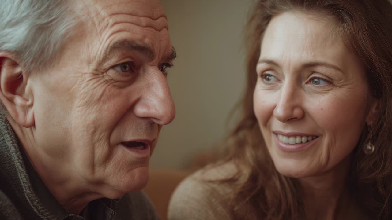 Holding eye contact, middle-aged woman comforting senior on sofa, knit sweater and dangling earring