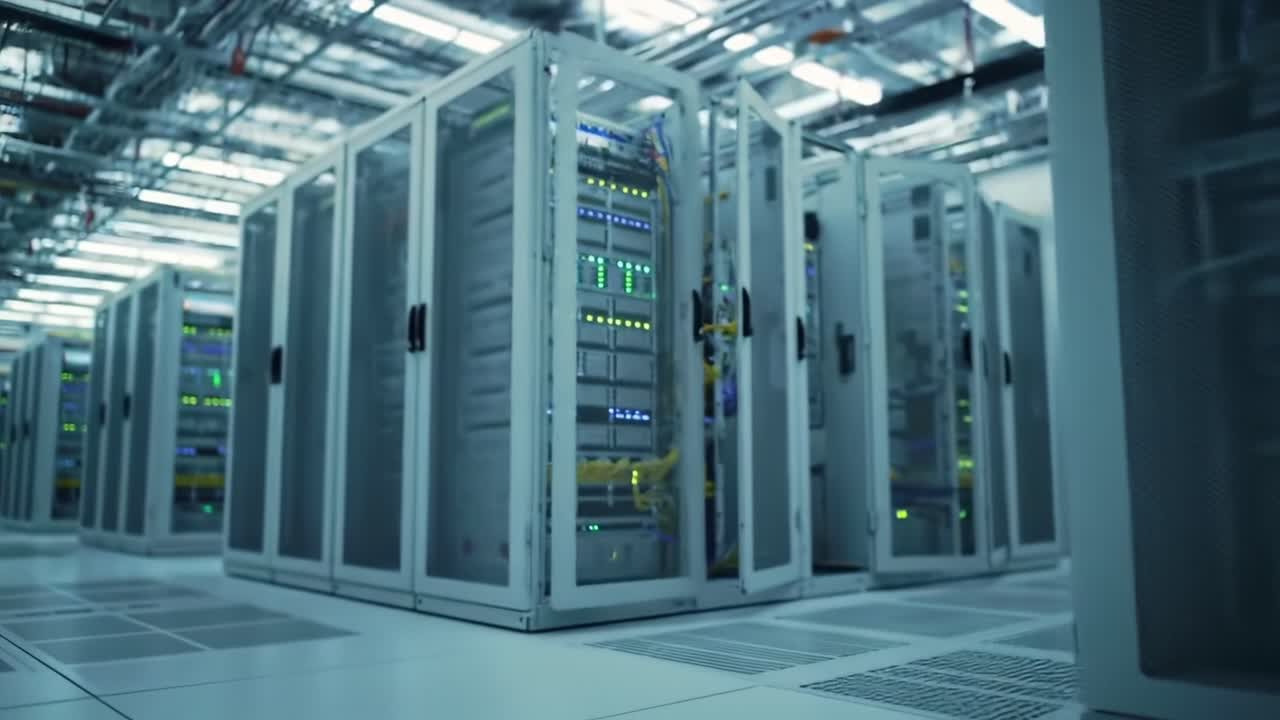 A Detailed Look at a Modern Data Center: Showcasing Rows of Server Racks with LED Indicators and a Sleek, Organized Infrastructure
