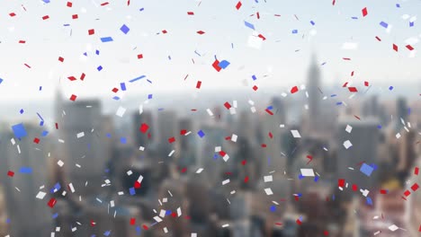 colorful confetti falling against cityscape