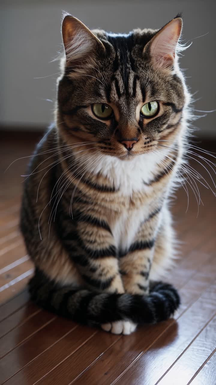 Adorabile gatto soriano seduto tranquillamente su un pavimento di legno