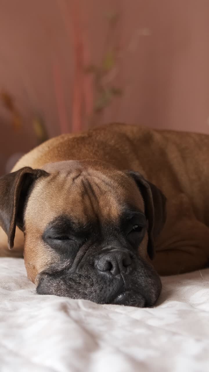 Cute boxer dog lying on cozy bed in bedroom. Vertical footage