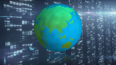 Animation-of-globe-spinning-over-glowing-computer-servers-on-blue-background