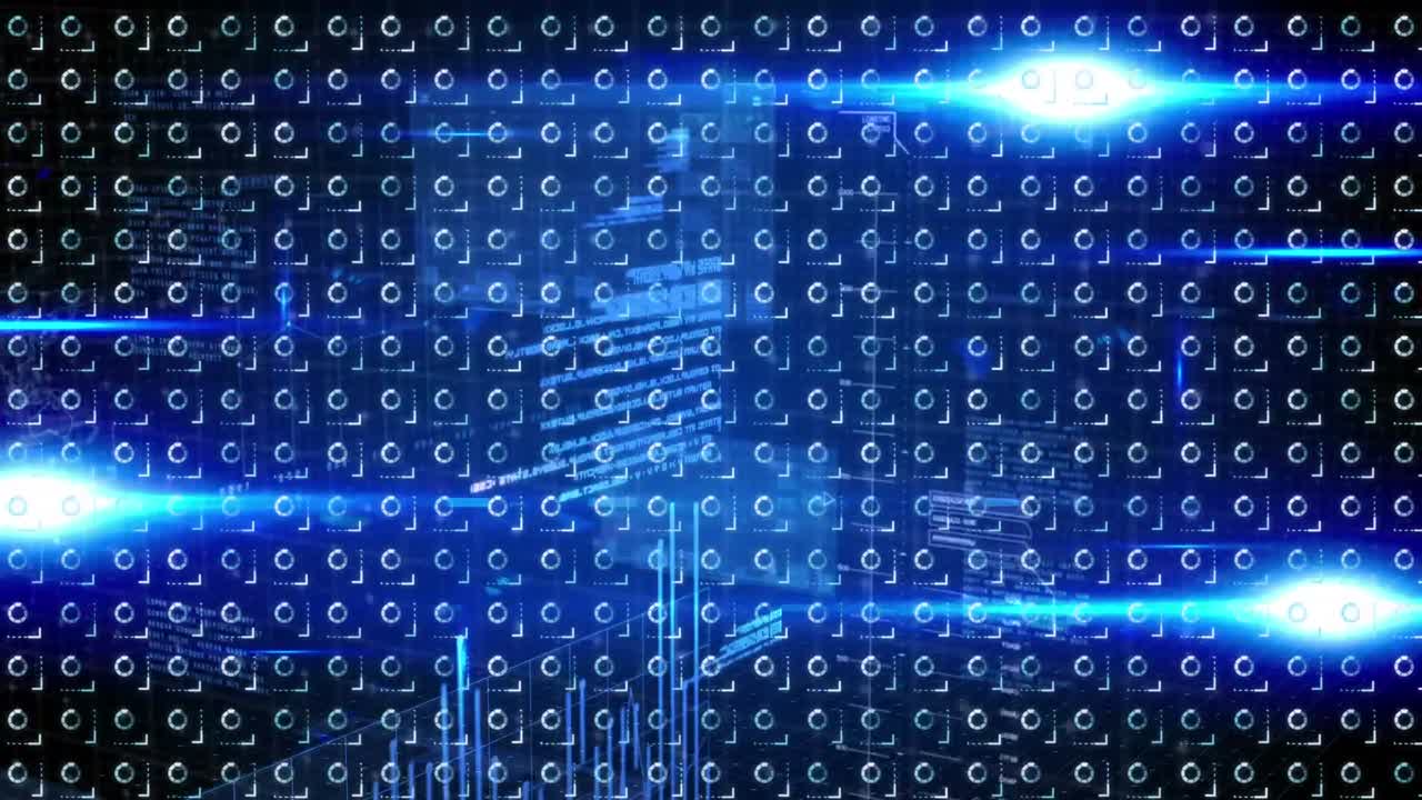 Animation of data processing over rotating loading circles on blue background