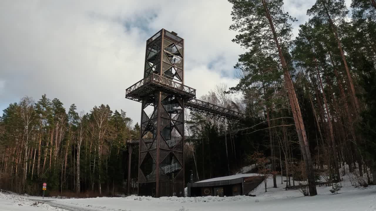 вид на аныкшяй лаю такас, комплекс прогулочных дорожек на деревьях с пешеходной дорожкой, информационным центром и смотровой башней, расположенный в аныкшяй, литва, у реки свентои