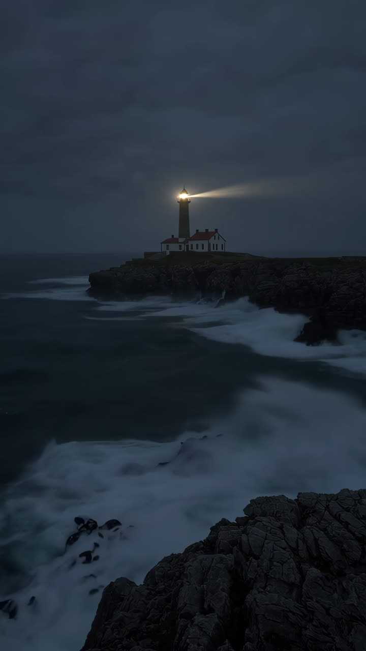 Lighthouse at Night with Stormy Waves