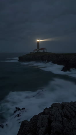 lighthouse at night with stormy waves