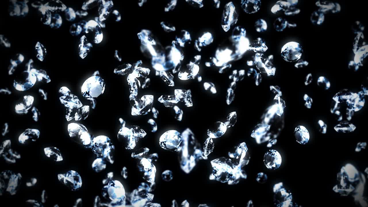 검은 바탕에 많은 보석 다이아몬드를 날아. 투명하고 귀중한 보석을 빛니다. 화려한 다이아먼드의 3d 애니메이션 회전. 루프 애니메이션.