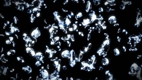flying many jewelry diamonds on black background. shine transparent, precious gem. 3d animation of brilliant diamonds rotating. loop animation.