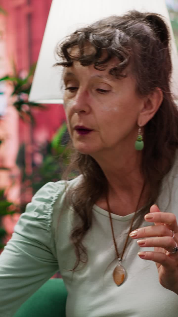 Video verticale: donna anziana che applica siero idratante sulle guance per preservare la sua pelle matura.