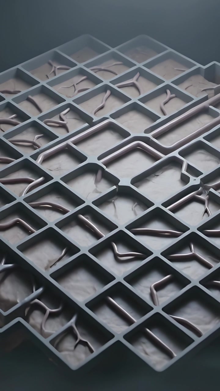 Vertical video: Panning camera revealing grid tray on dark table, showing brown strands in cavities