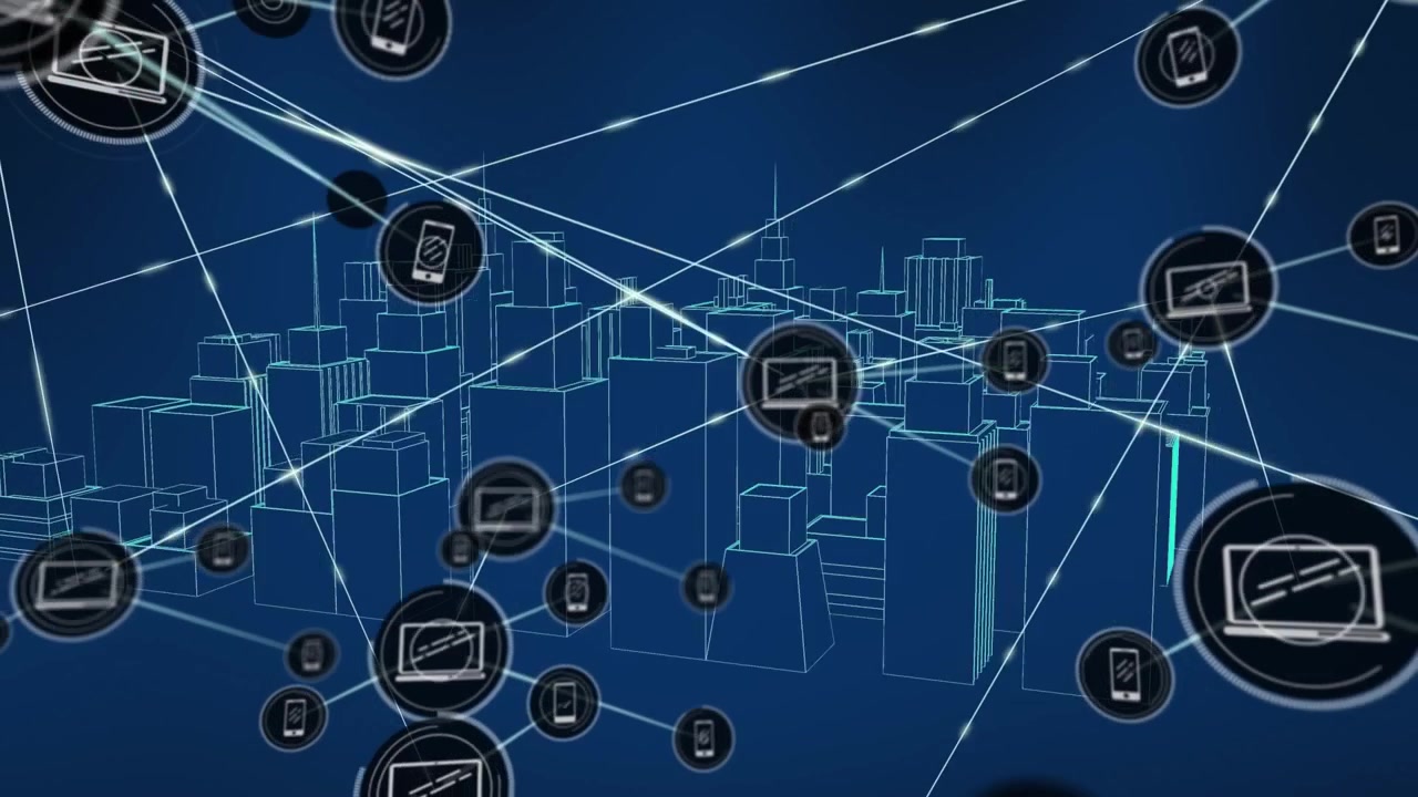 Central hub sending lit lines, device nodes popping and linking to form net, camera orbiting grid