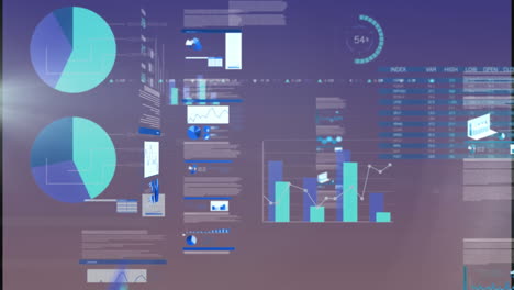 animación de la interfaz con procesamiento de datos estadísticos y punto de luz en fondo de gradiente púrpura