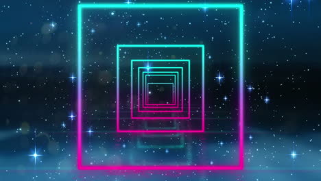 digital animation of colorful neon squares in seamless motion and shining stars on black background