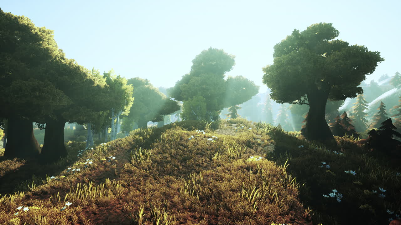 карикатурные солнечные лучи, проходящие сквозь деревья