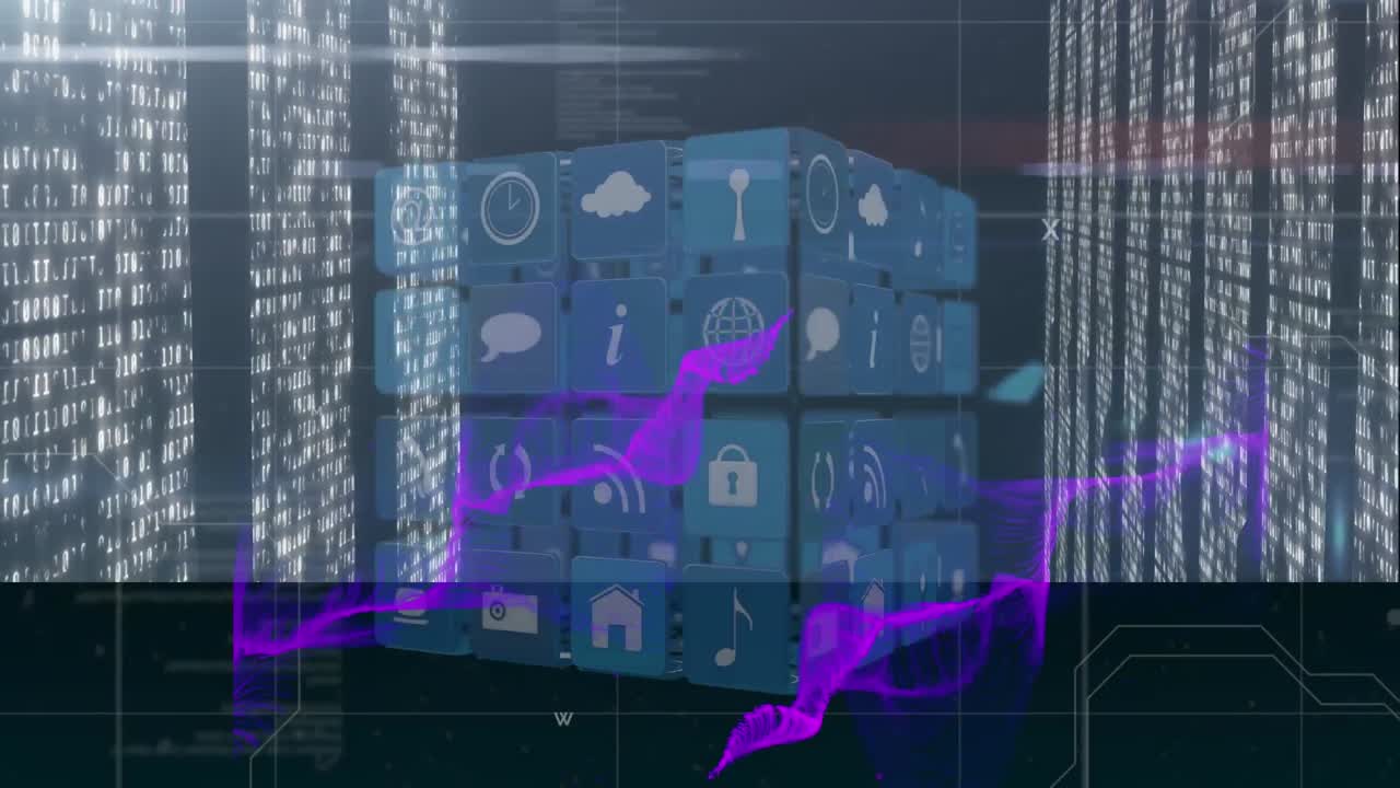 Animation of data processing over icons on dark background