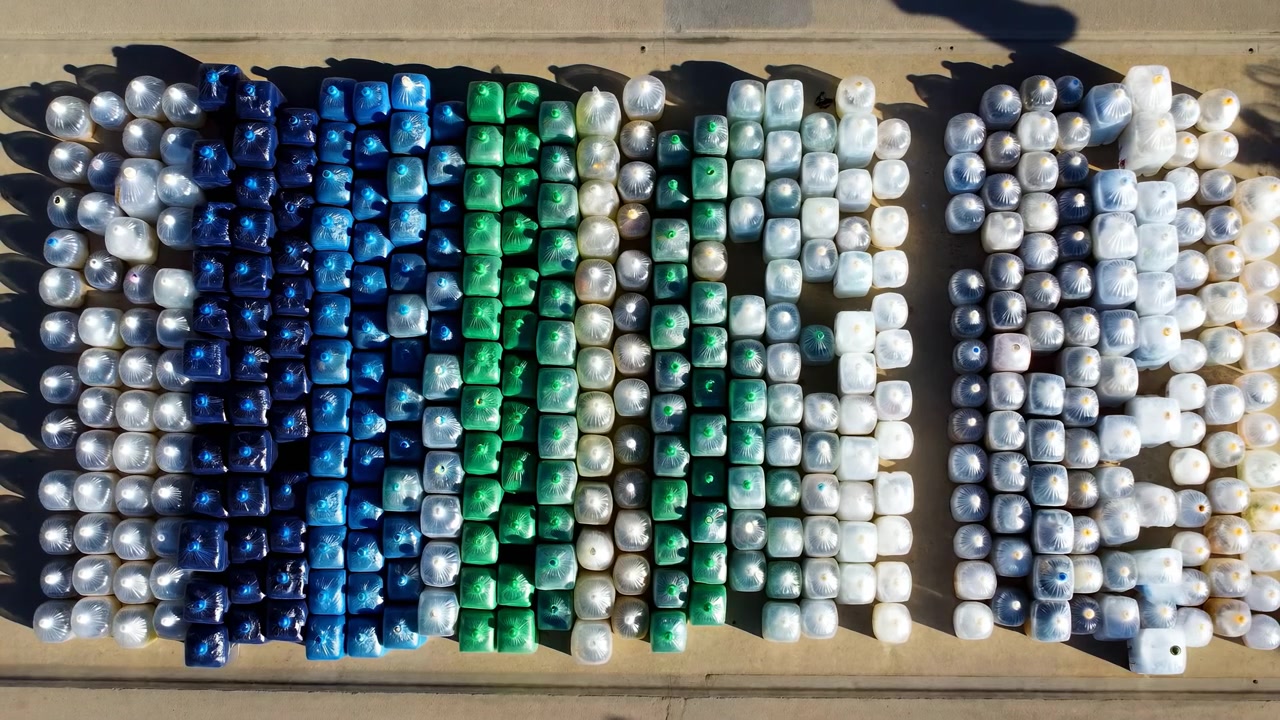 Vista dall'alto di contenitori di plastica organizzati in file ripetute su cemento esterno, che mostrano schemi di stoccaggio industriali, superfici lucide, vivide fasce di colore, ombre e luce solare intensa.