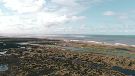 scenic road in the middle of salt marshes near texel national park at waddensea island in north holland, netherlands