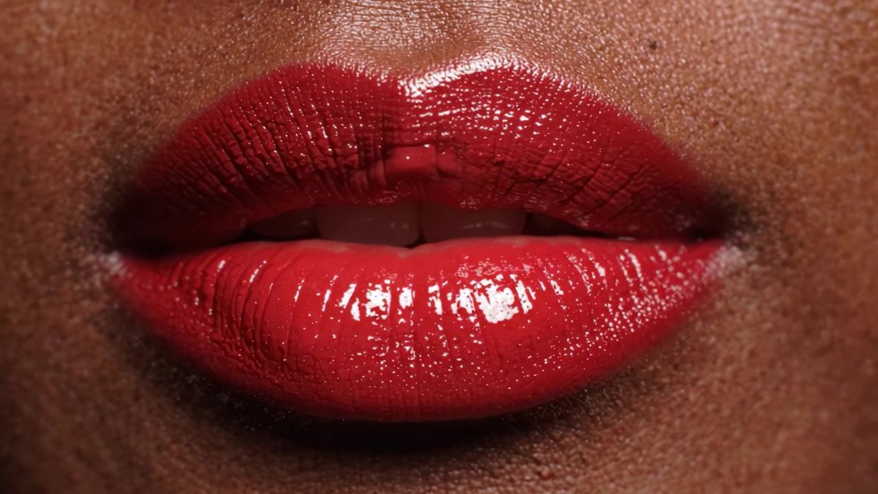 Close-Up of Glossy Red Lips Showcasing a Vibrant Lip Color and Perfect Shine in a Captivating Beauty Close-Up, Highlighting the Allure of Lip Makeup Artistry