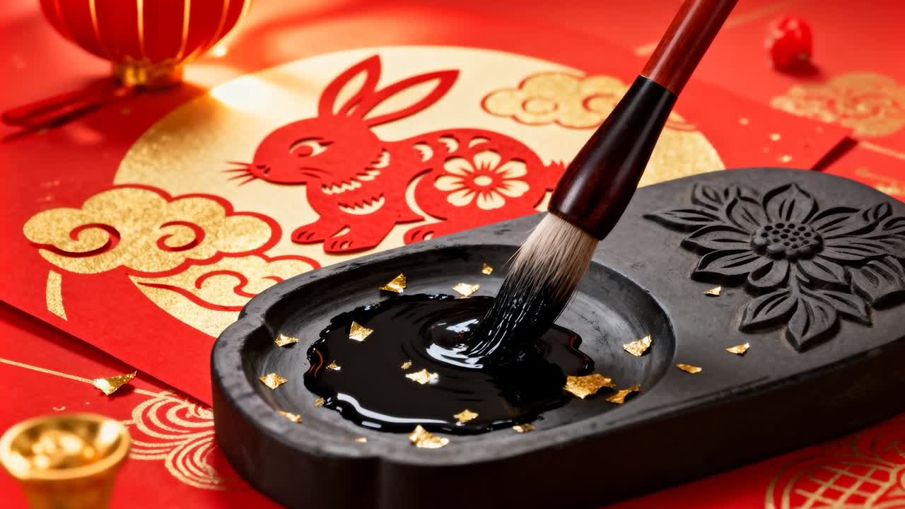 Chạm vào mực, cọ bắt đầu xoáy trong nghiên mực chạm khắc trên giấy đỏ ánh vàng, trộn lẫn những vẩy vàng