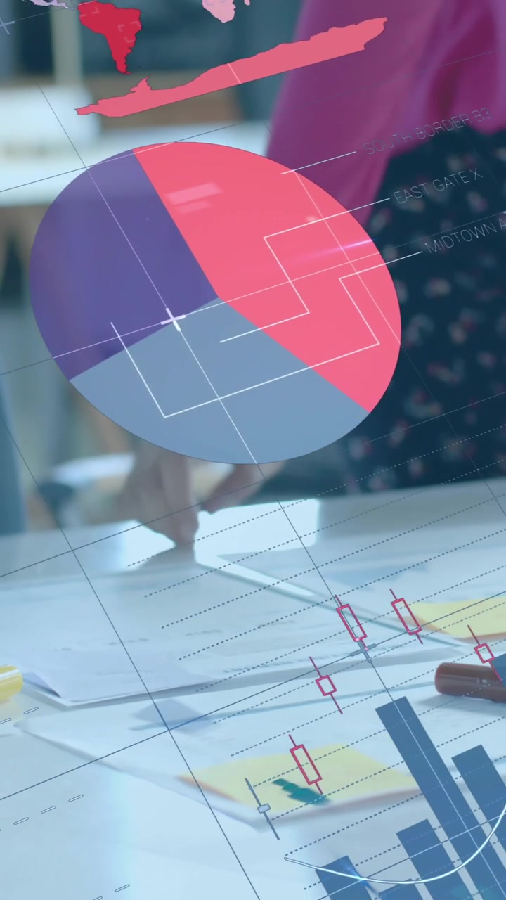 Animation af databehandling og diagrammer over forskellige kolleger med tegninger på kontoret