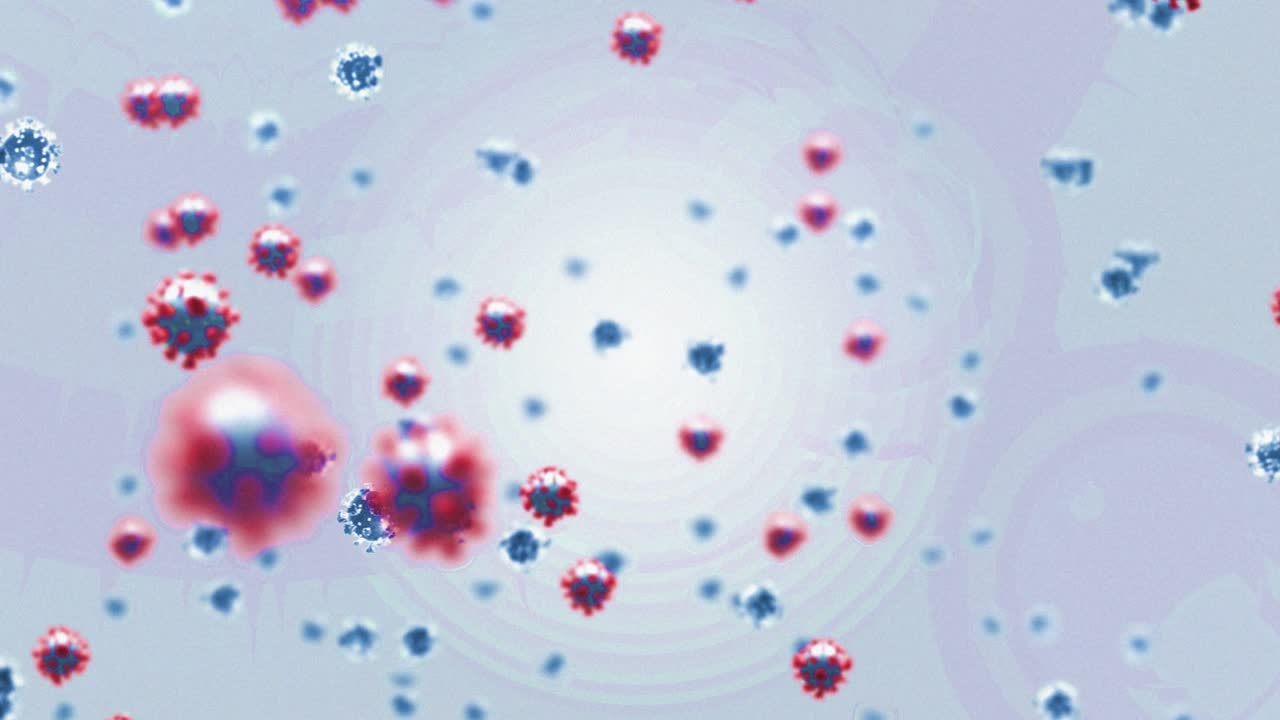 animación de células de covid 19 flotando sobre un fondo gris