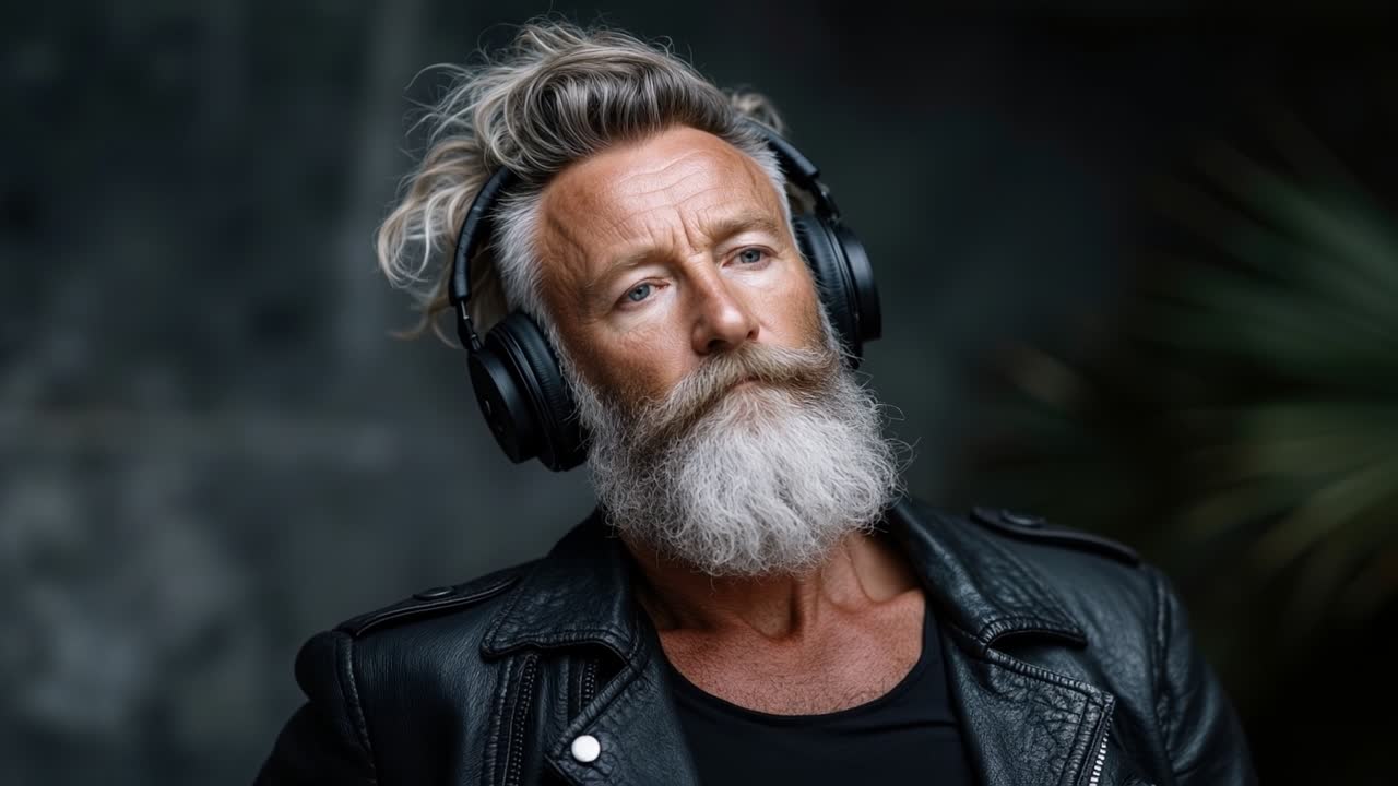 Uomo maturo con barba bianca, che indossa le cuffie e ascolta musica, in giacca di pelle.