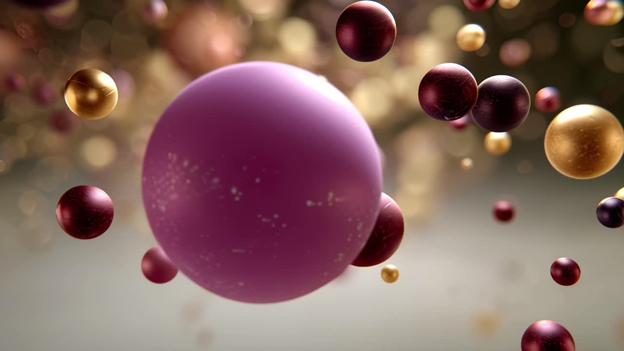 Animación abstracta de esferas flotantes púrpuras y doradas con Bokeh