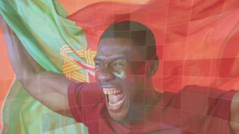 animation of african american male supporter with flag of portugal over shapes