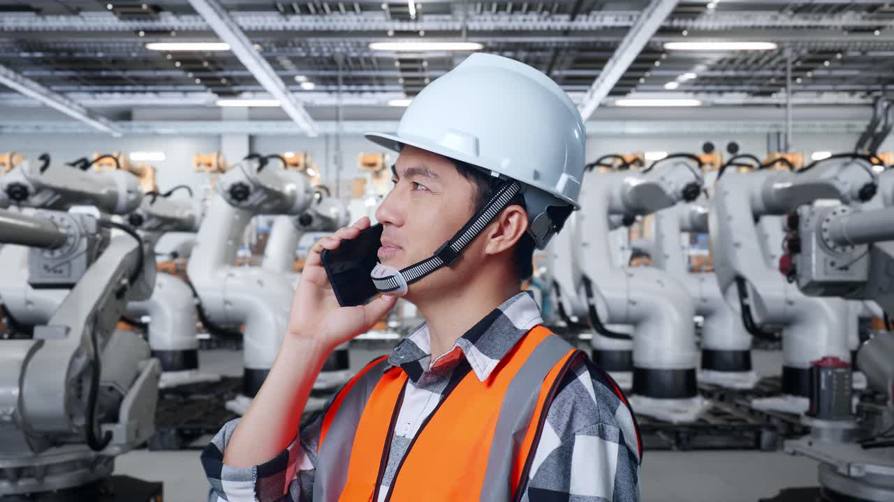 자동화된 산업 환경에서 전화로 이야기하는 공장 노동자