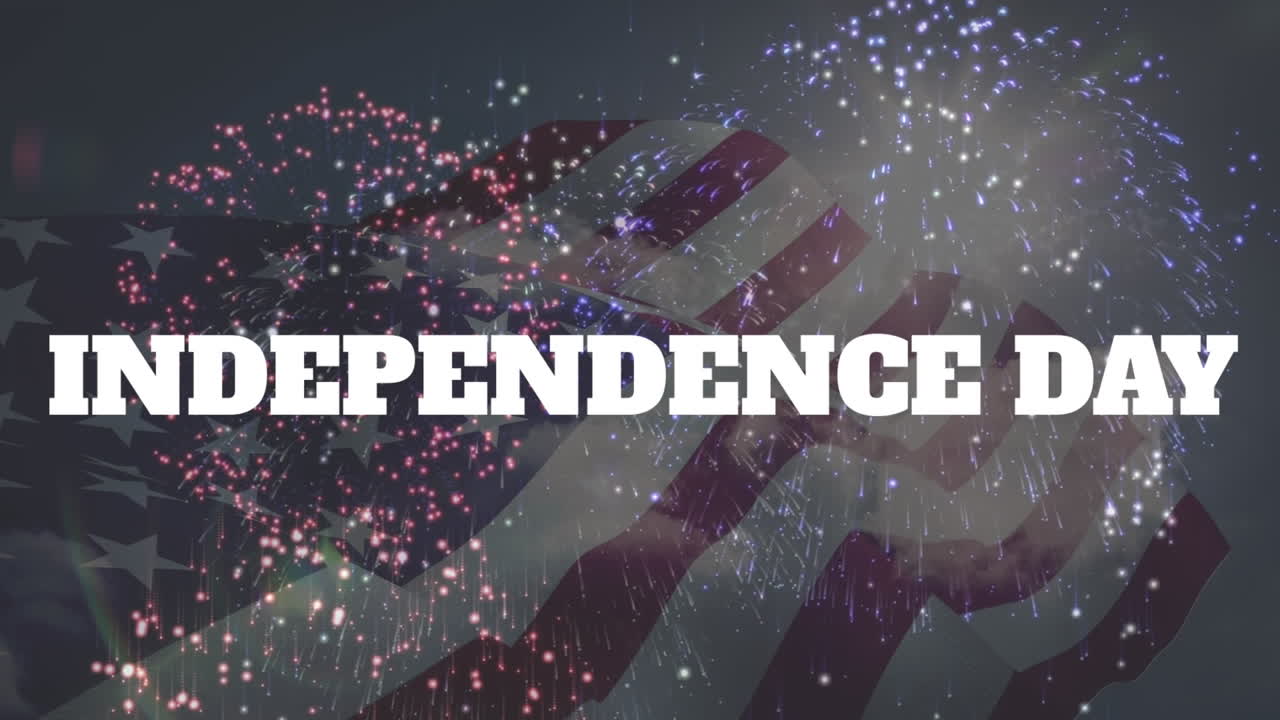 태양과 구름이 가득한 하늘에 대한 미국의 발을 흔들고 있는 불꽃놀이 애니메이션