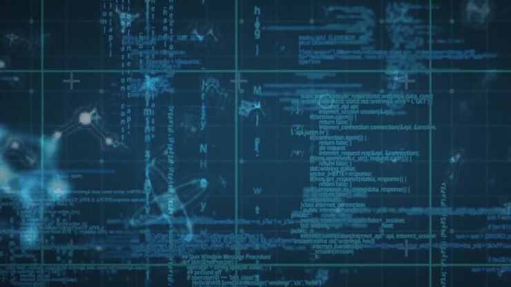 Animation of molecules over data processing on black background