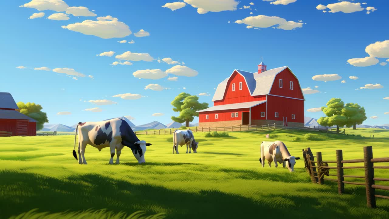Wide-angle video shot of a vibrant farm scene with grazing cows and a red barn under a blue sky