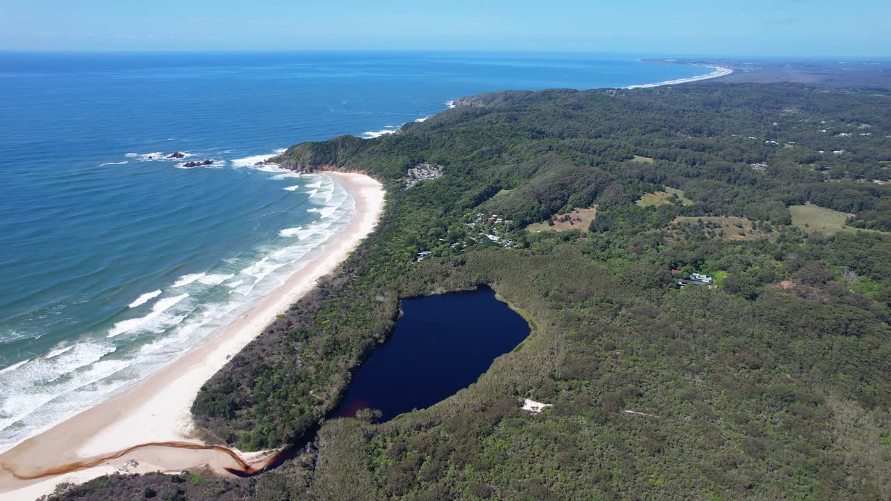 Broken Head Beach On Byron Bay Coast. Broken Head Nature Reserve In New South Wales, Australia. aerial ascend