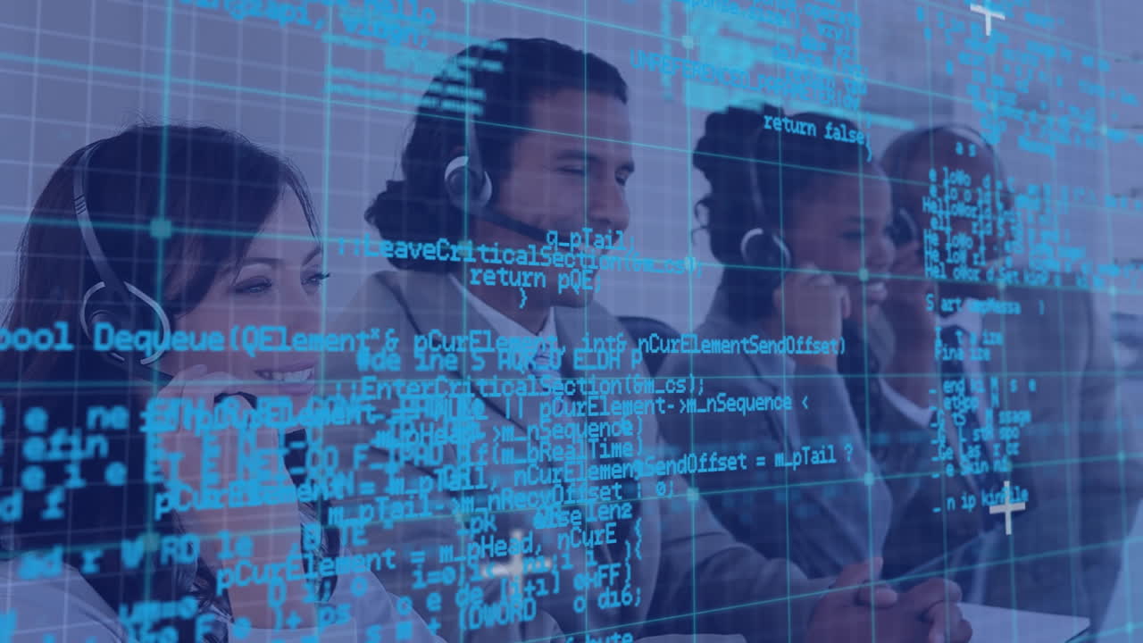 Data processing against team of diverse customer care executives talking on phone headset